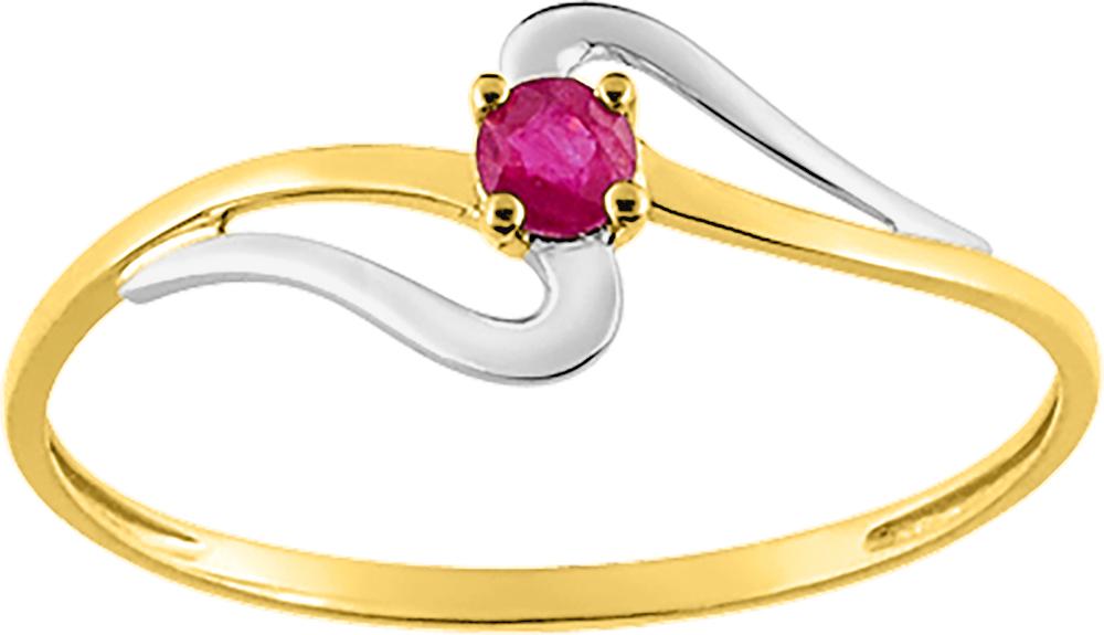 Bague solitaire en or jaune 375/1000 et rhodium avec un rubis serti quatre griffes