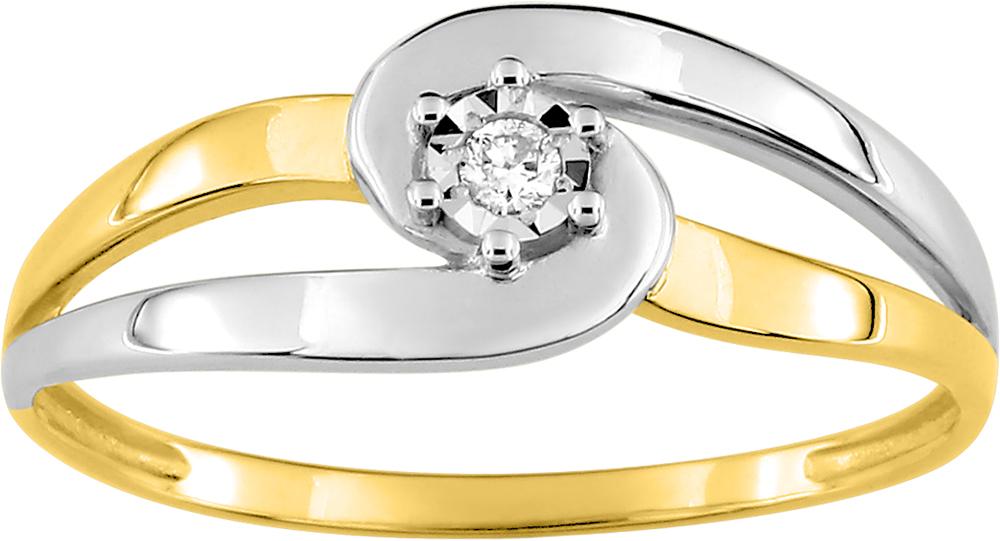 Bague en or jaune 375/1000 et rhodium avec diamant pastillé GH-P2 0.02 carat serti 6 griffes