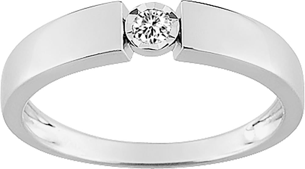 Bague solitaire serti mi-clos en or blanc 375/1000 avec diamant pastillé GH-P2 de 0.05 carats