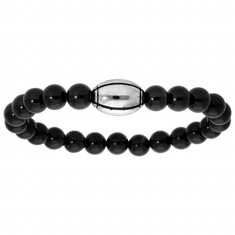 Bracelet Acier Elastique Boules Onyx Avec Ballon De Rugby