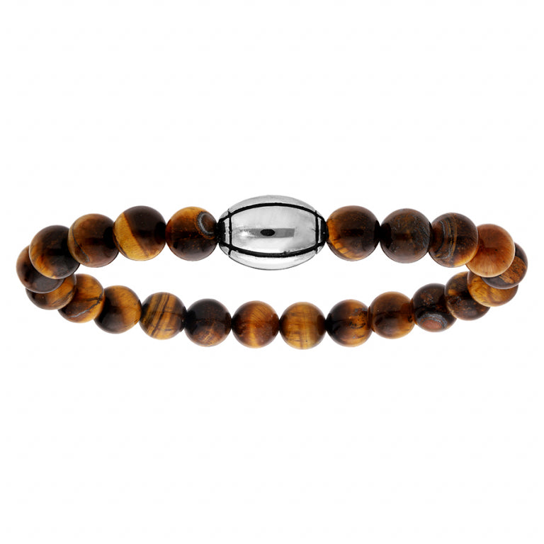 Bracelet Acier Elastique Avec Boules Oeil De Tigre Et Ballon De Rugby
