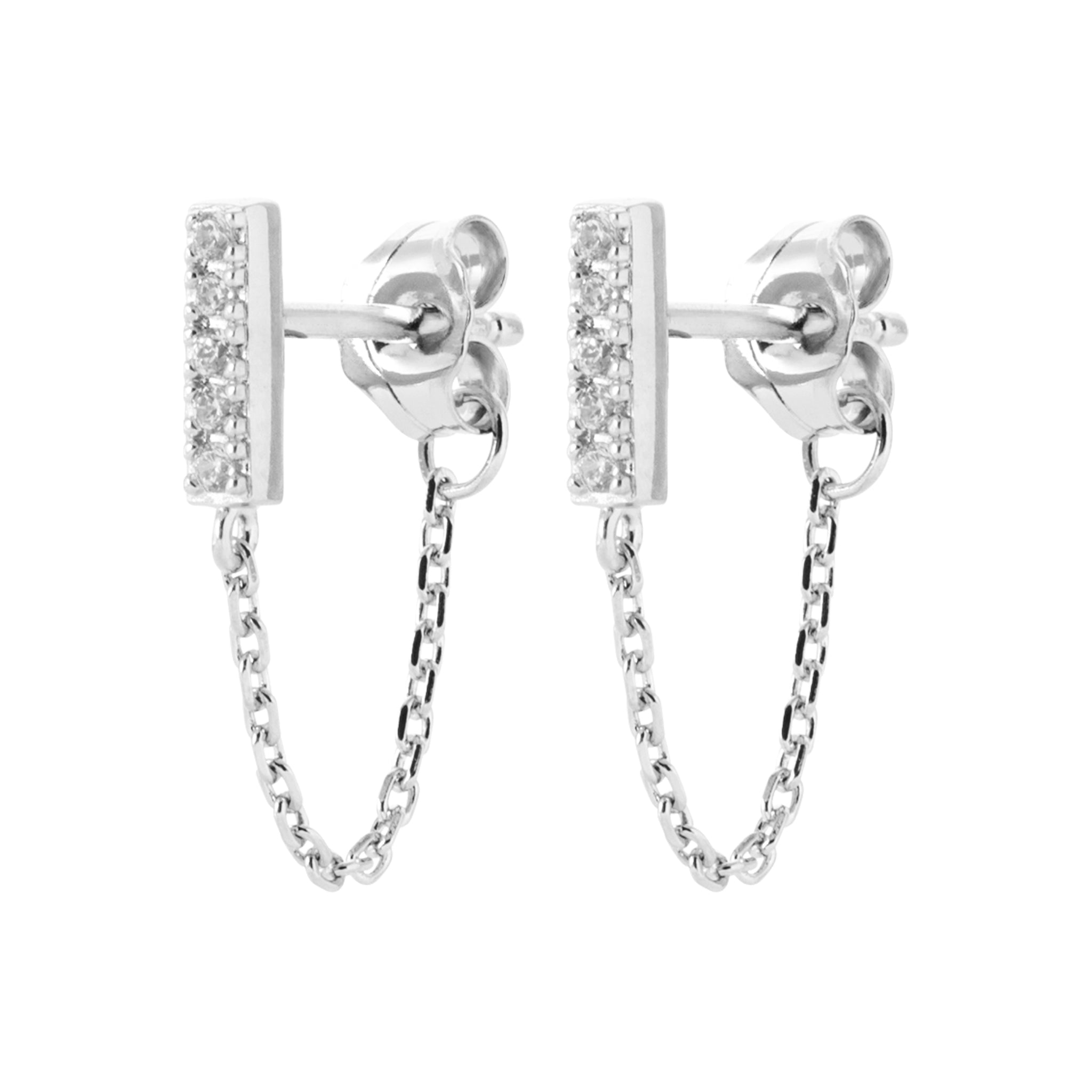 Boucles d'oreilles en argent rhodié ave chainettes et barres pavées d'oxydes