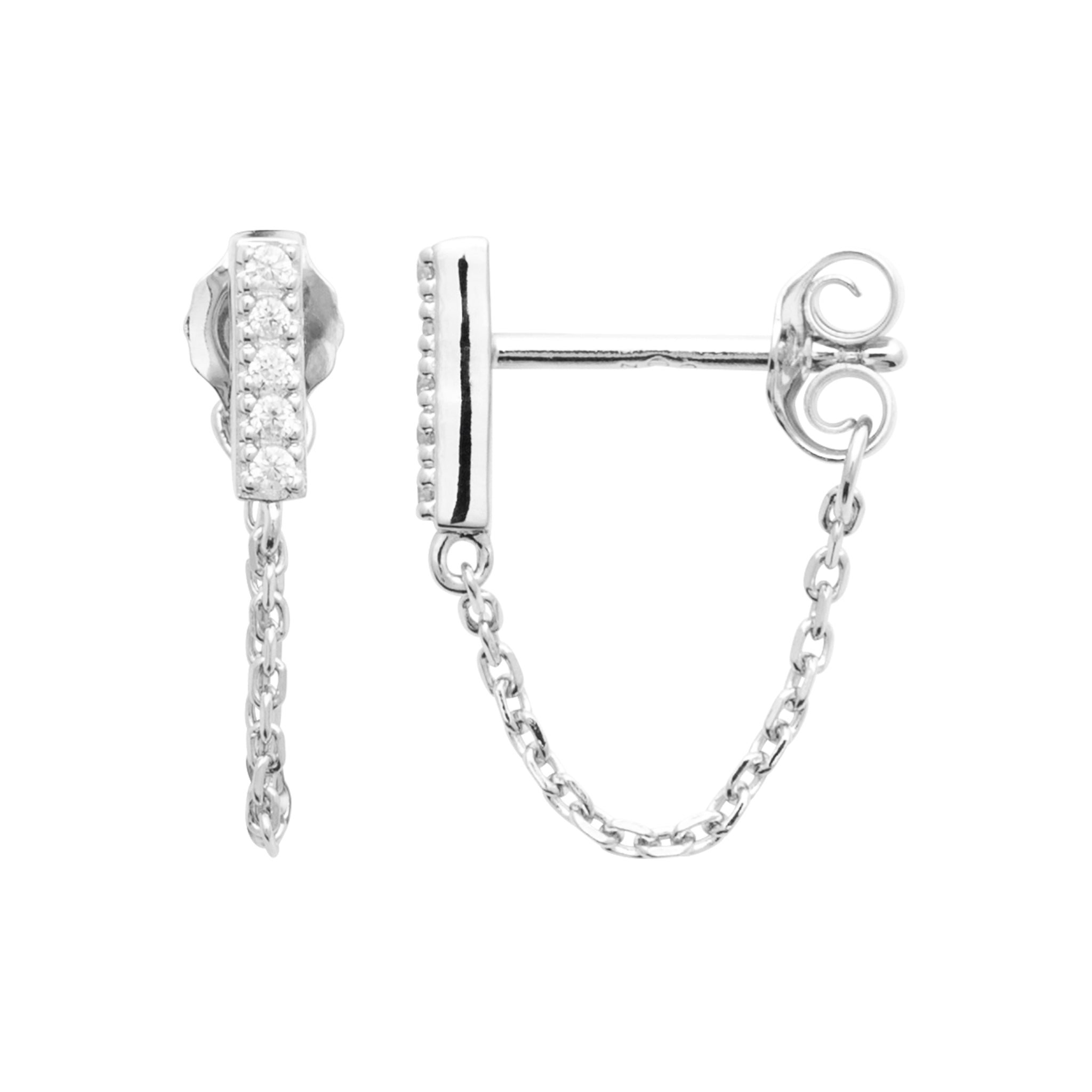 Boucles d'oreilles en argent rhodié ave chainettes et barres pavées d'oxydes