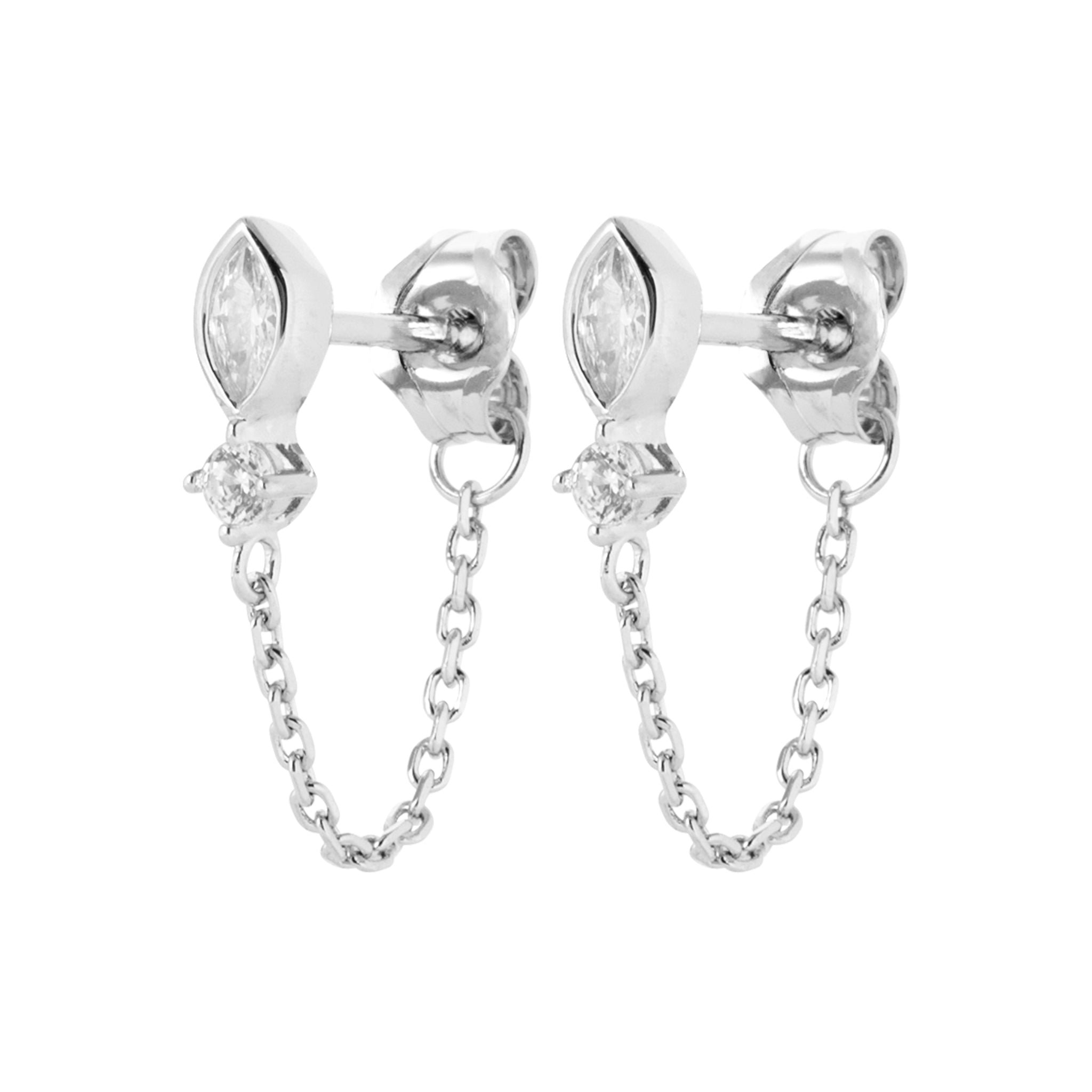 Boucles d'oreilles en argernt rhodié avec chainettes et OZ forme navette