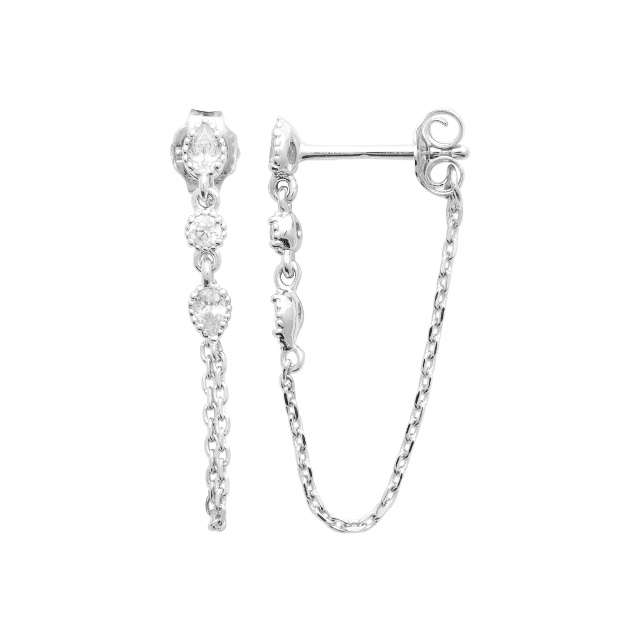 Boucles d'oreilles en argent rhodié avec chainettes devant/derrière et 3 OZ