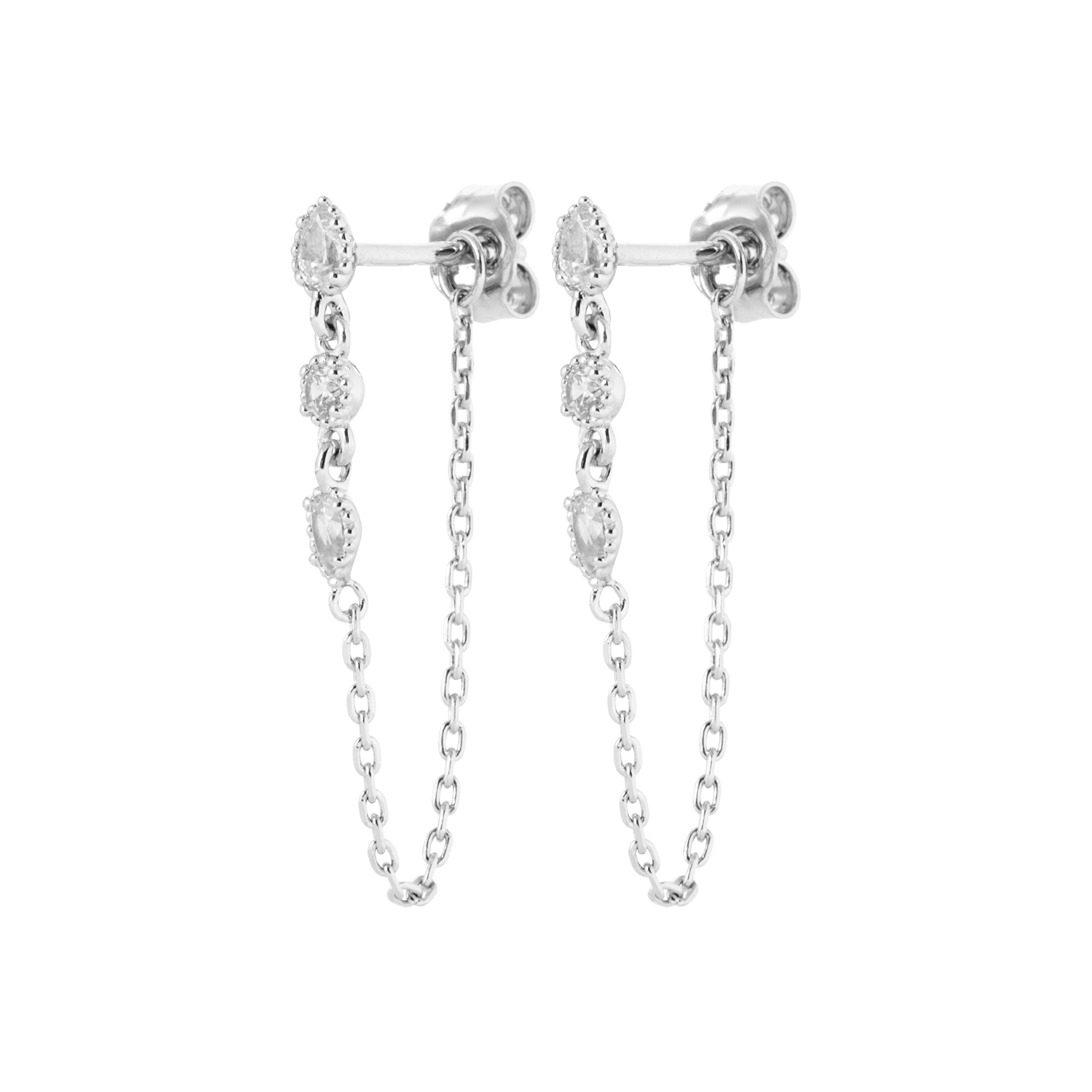 Boucles d'oreilles en argent rhodié avec chainettes devant/derrière et 3 OZ