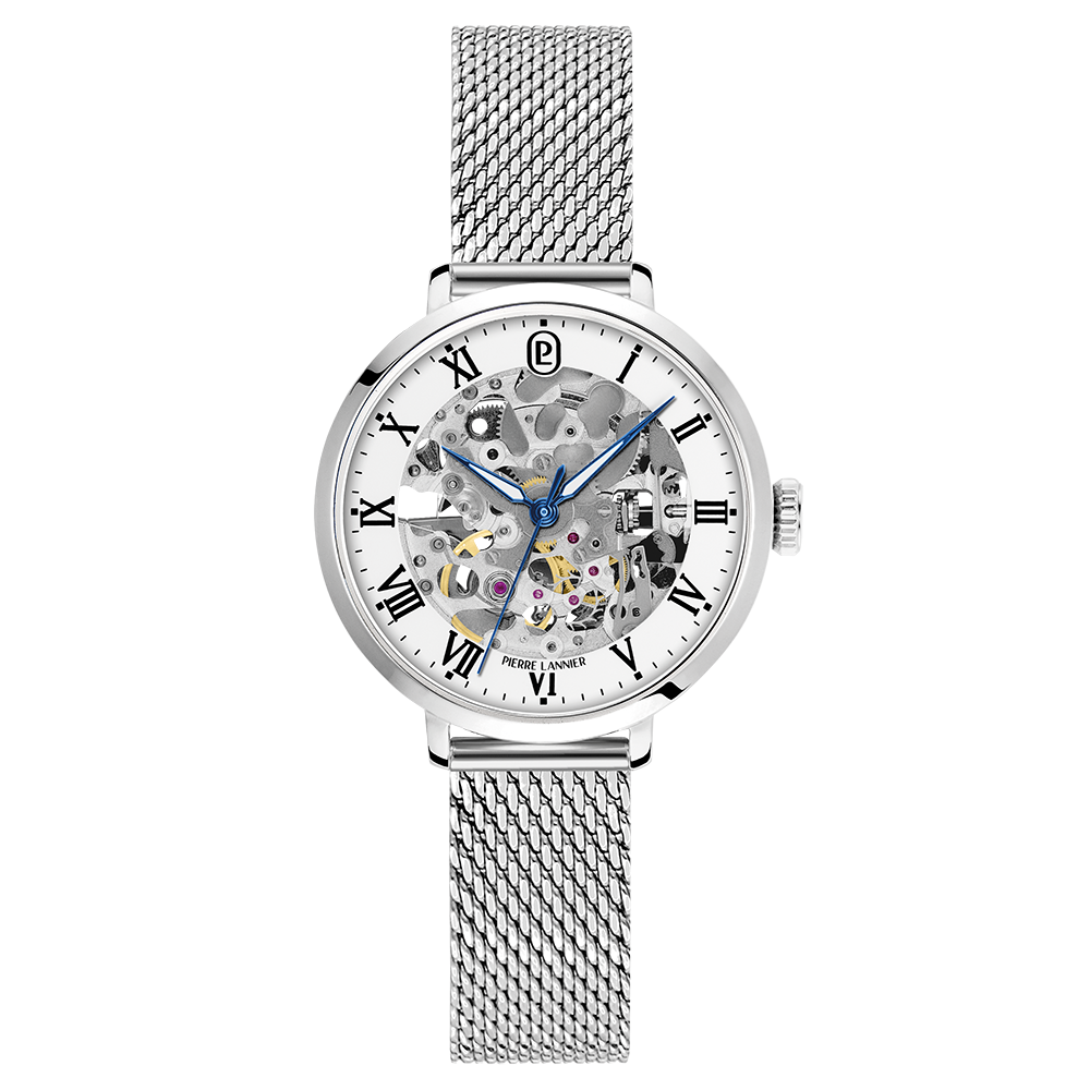 Montre Automatique Argentée Cadran Blanc Bracelet Milanais Acier Argenté 14 Mm
