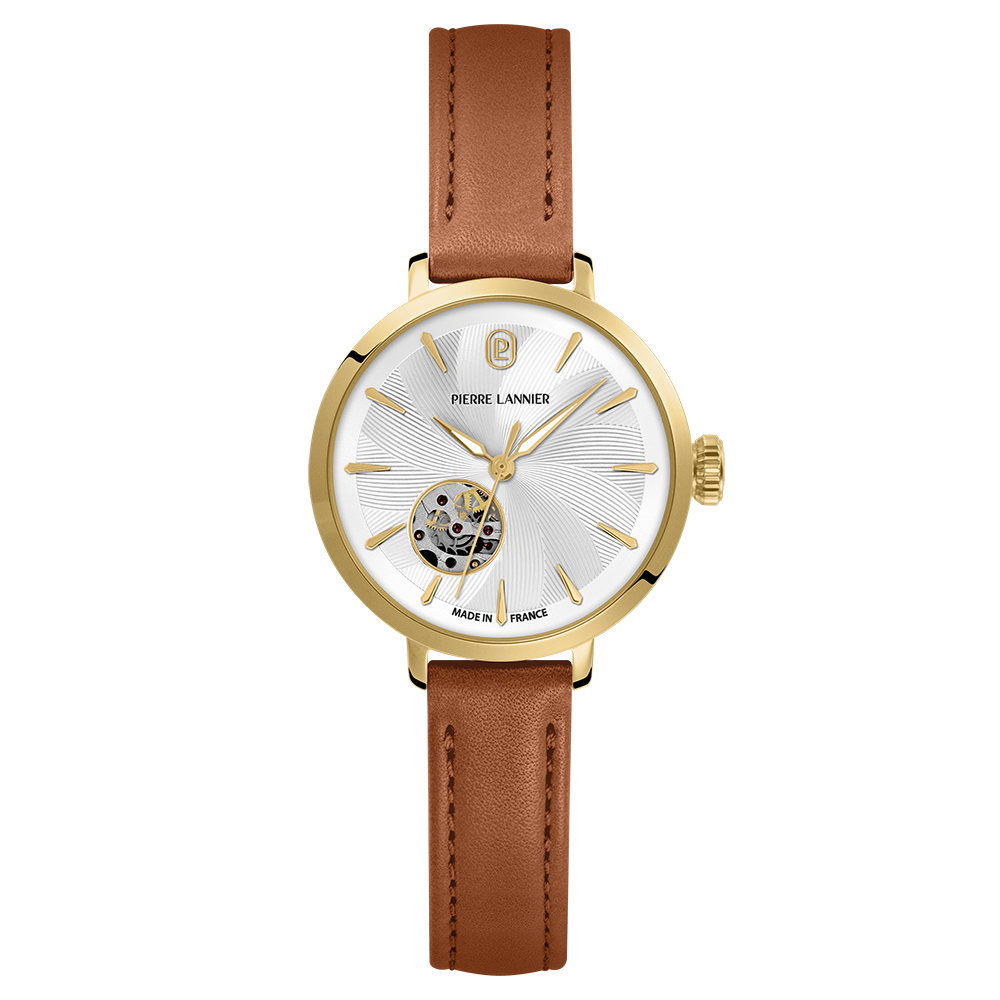 Montre Automatique Femme Soline Doré Cadran Argenté Bracelet Cuir Brun 12 Mm