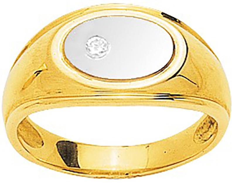 Chevalière or jaune et blanc 750/1000 forme ovale avec diamant GH-P de 0.04 carat