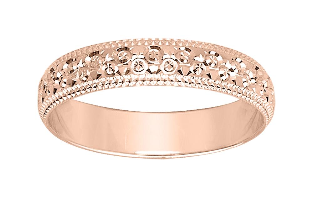 Alliances or rose 750/1000 à motifs gravés et diamantés bords perlés