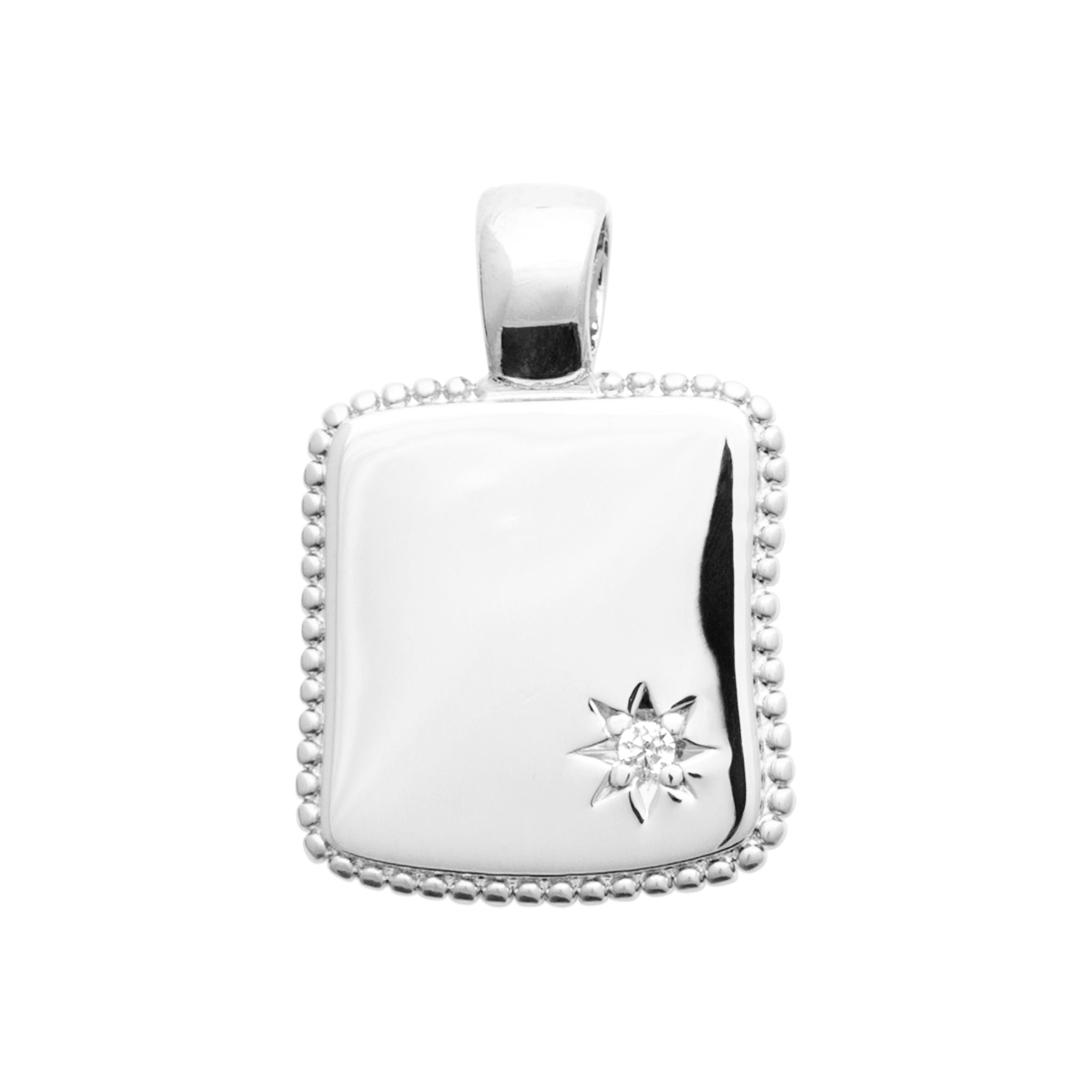 Pendentif à graver en argent rhodié carré avec OZ, bords perlés