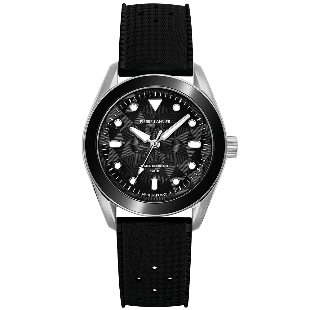 Montre Quartz Mixte BORA Argenté Cadran Noir Bracelet Caoutchouc FKM Noir 20 MM
