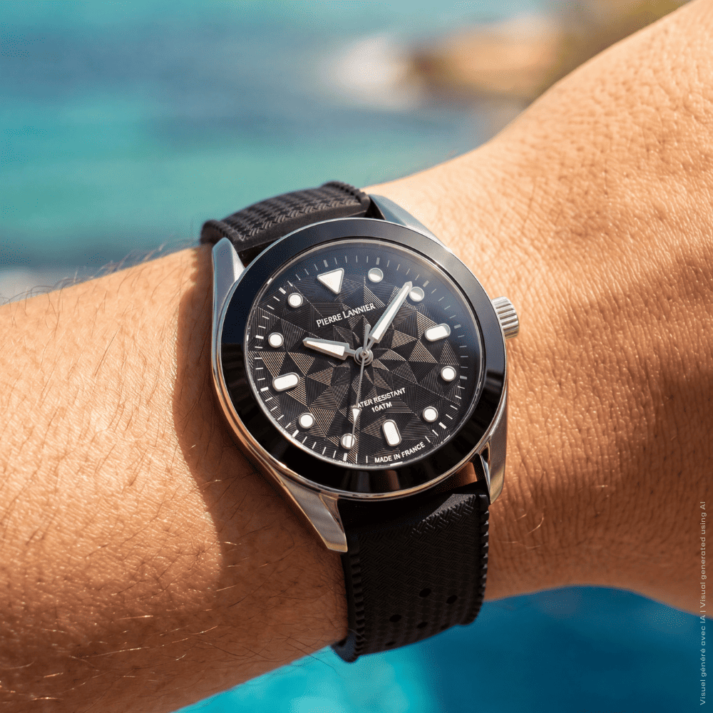 Montre Quartz Mixte BORA Argenté Cadran Noir Bracelet Caoutchouc FKM Noir 20 MM