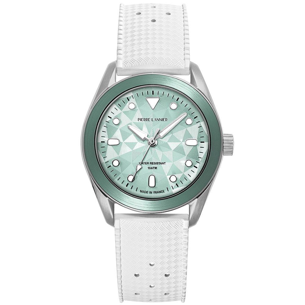 Montre Quartz Mixte BORA Argenté Cadran Vert Bracelet Caoutchouc FKM Blanc 20 MM
