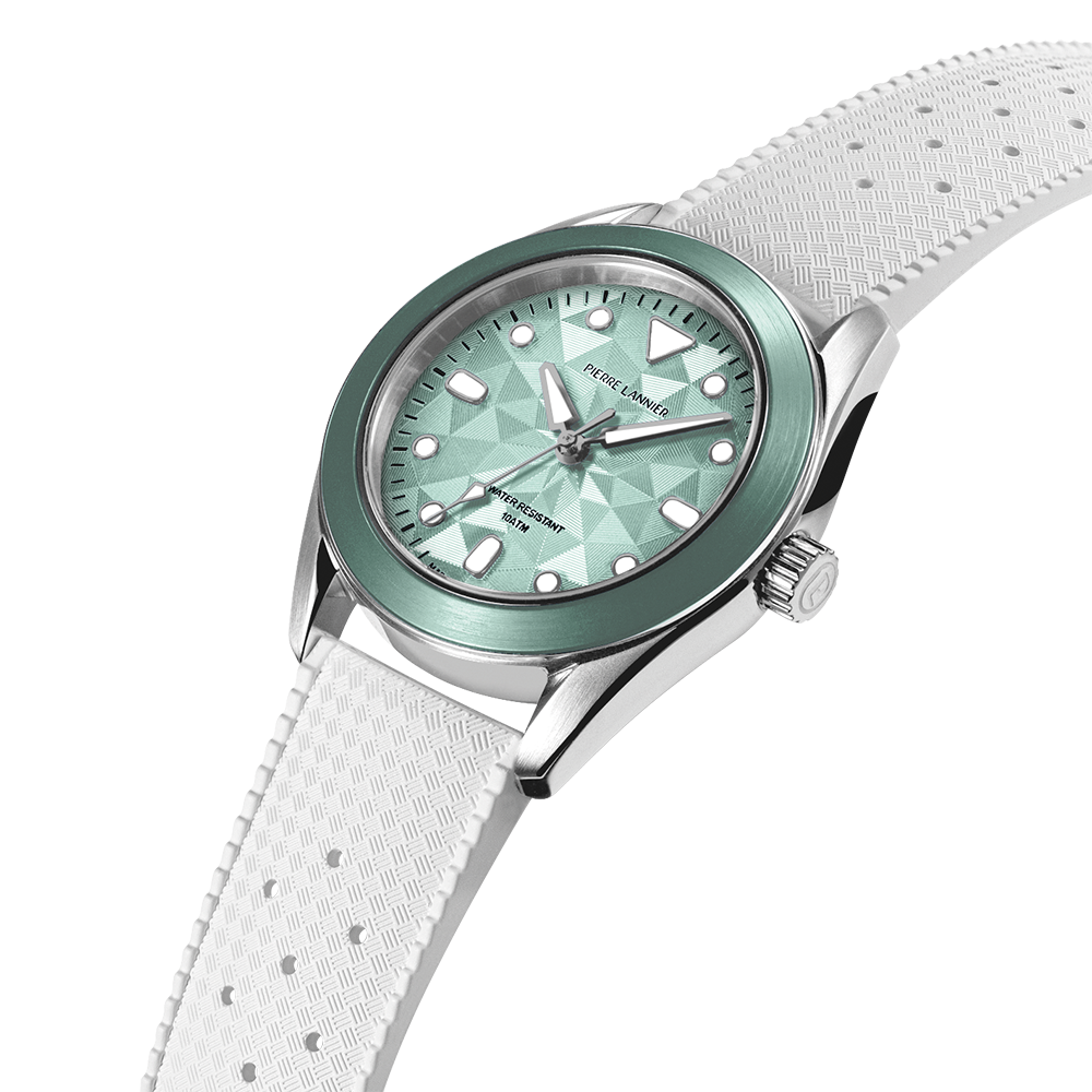 Montre Quartz Mixte BORA Argenté Cadran Vert Bracelet Caoutchouc FKM Blanc 20 MM