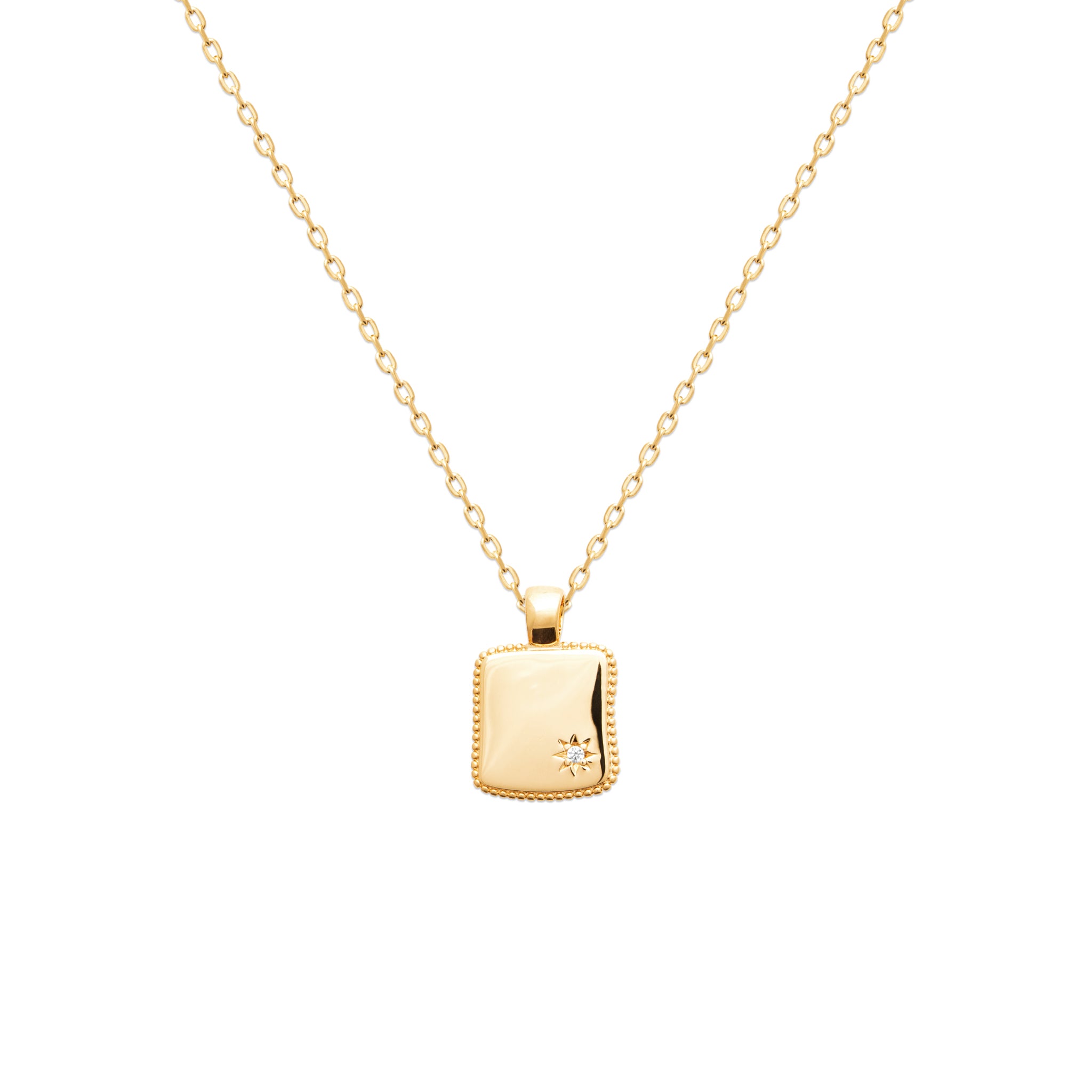 Pendentif Plaqué Or Carré Avec Bords Perlés Et Oxyde Serti
