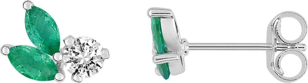Boucles d'oreilles en or blanc 375/1000 avec émeraudes taille navette et oxydes de zirconium ronds