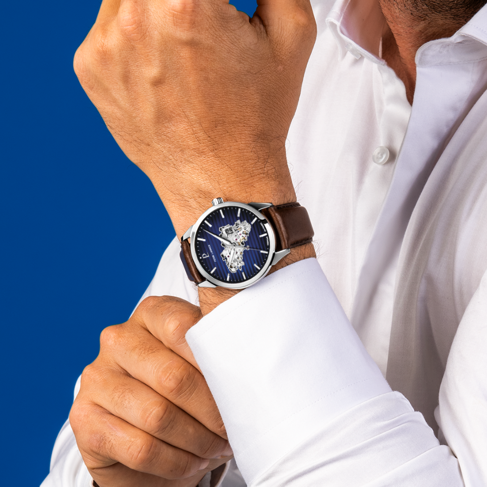 Montre Homme MONARCK Bretagne Argenté Cadran Bleu Bracelet Cuir Brun 22 MM