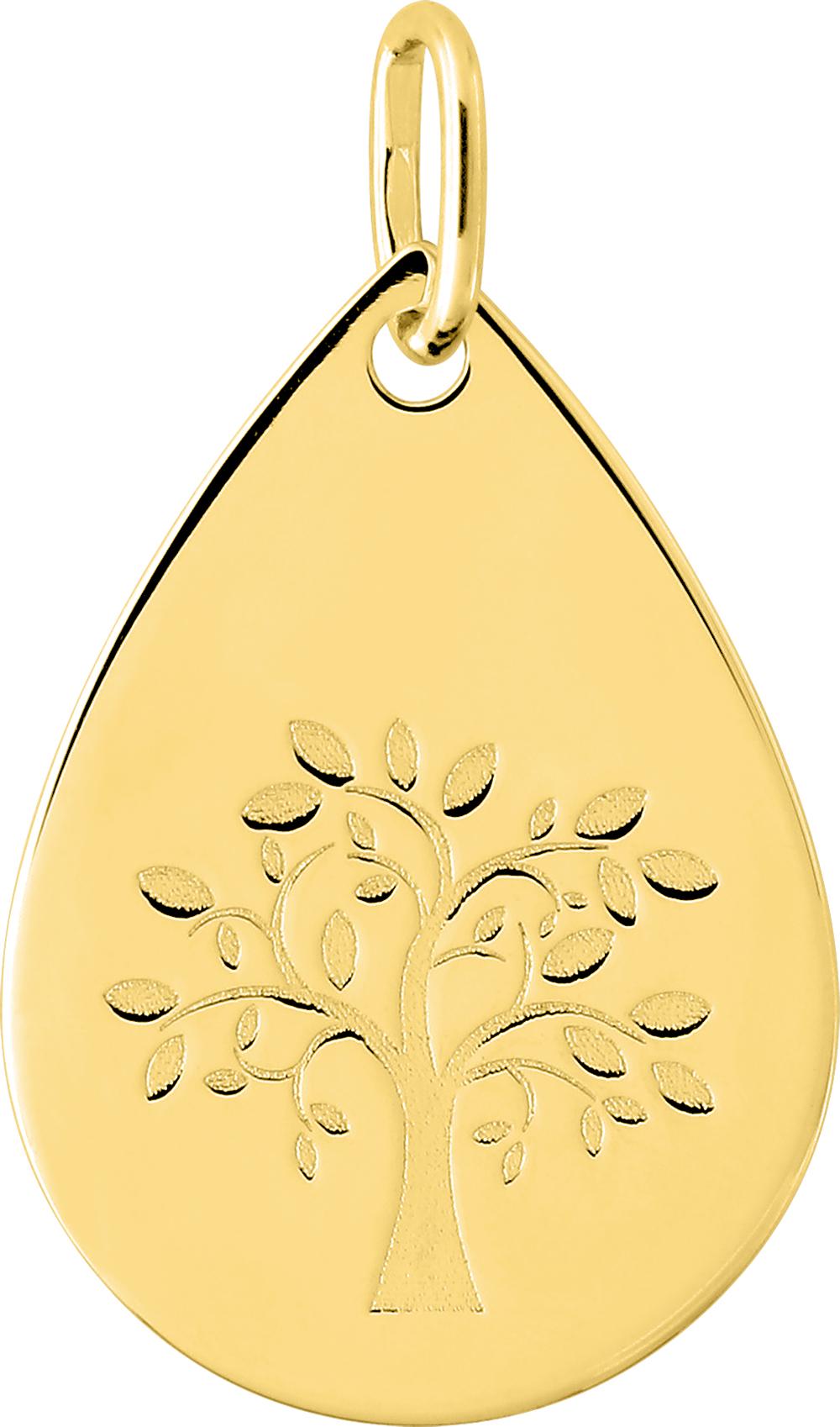Médaille Or Jaune 375 Forme Goutte Gravure Arbre de Vie