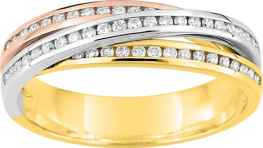 Bague large en or 750/1000 trois couleurs sertie sur trois rangs de 57 diamants GH-P1 pour un total de 0.32 carats