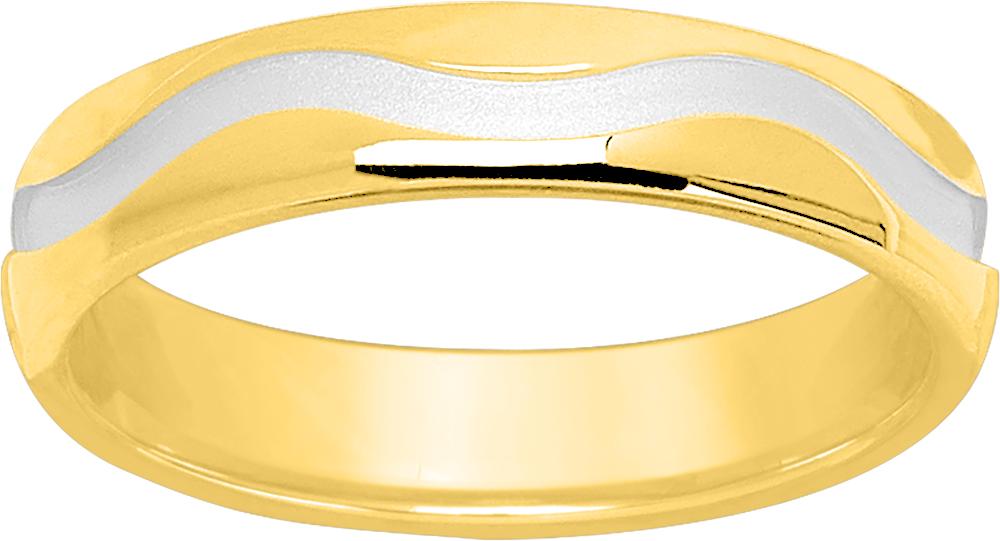 Alliance en or jaune 750/1000 et rhodium mate et brillante motif vague, intérieur confort de 4 mm de largeur