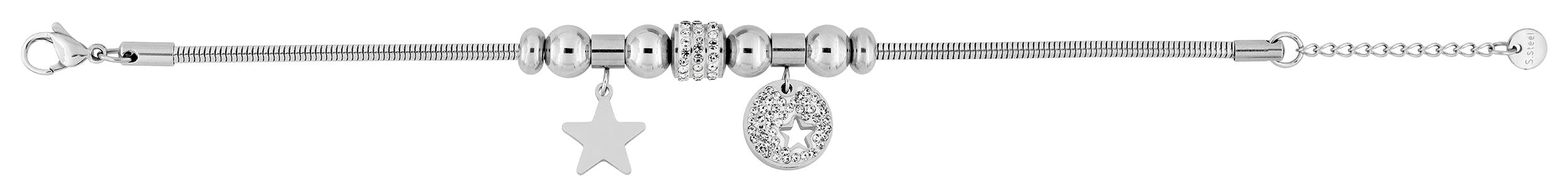 Bracelet en acier et cristaux blanc avec pampilles étoiles