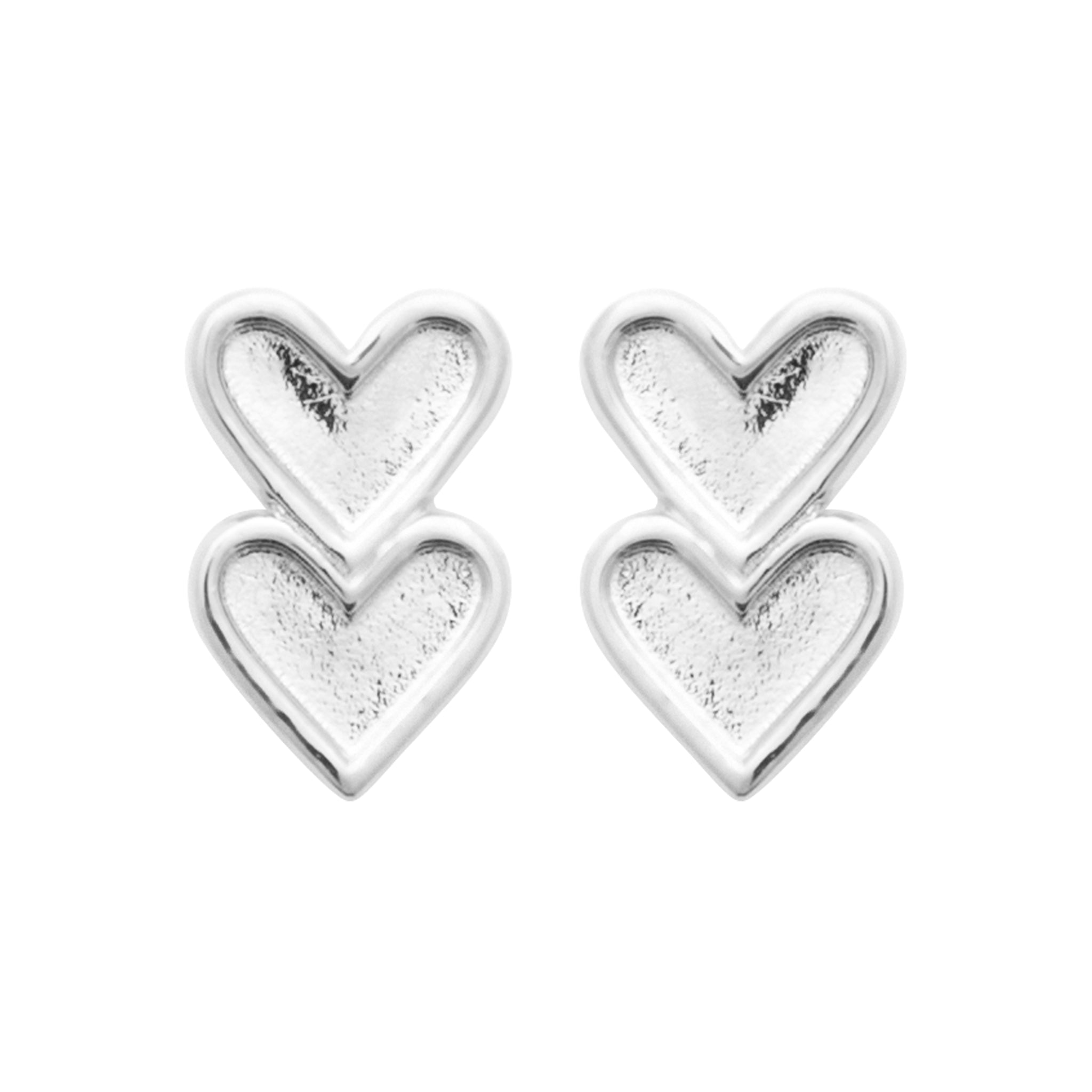 Boucles d'oreilles en argent rhodé, 2 petits coeurs superposés