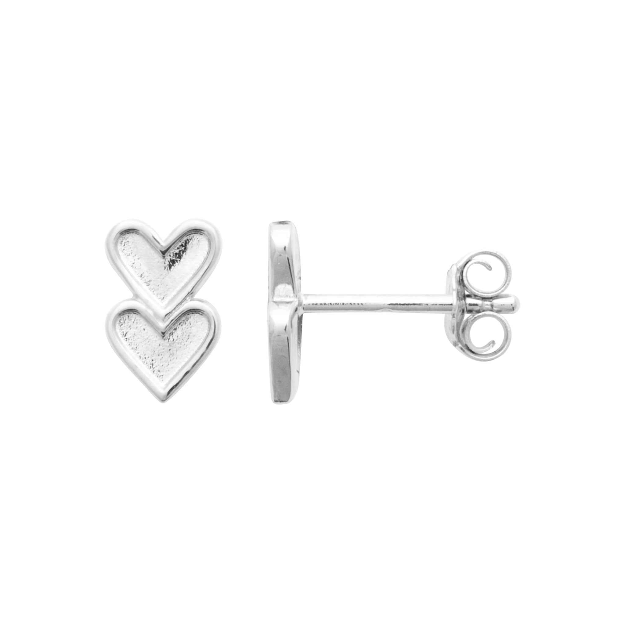 Boucles d'oreilles en argent rhodé, 2 petits coeurs superposés