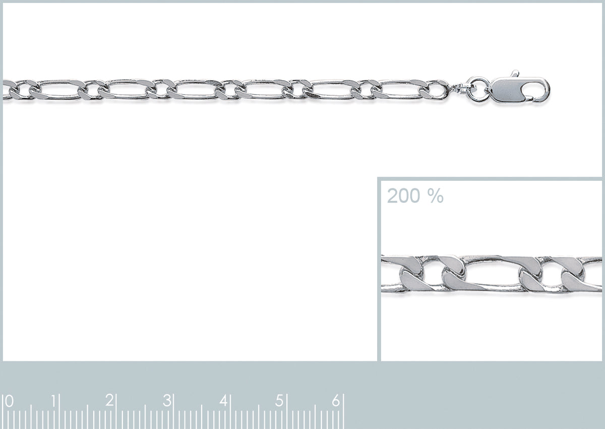 Bracelet en argent rhodié maille figaro 1+1 de largeur 3 mm et de longueur 21 cm