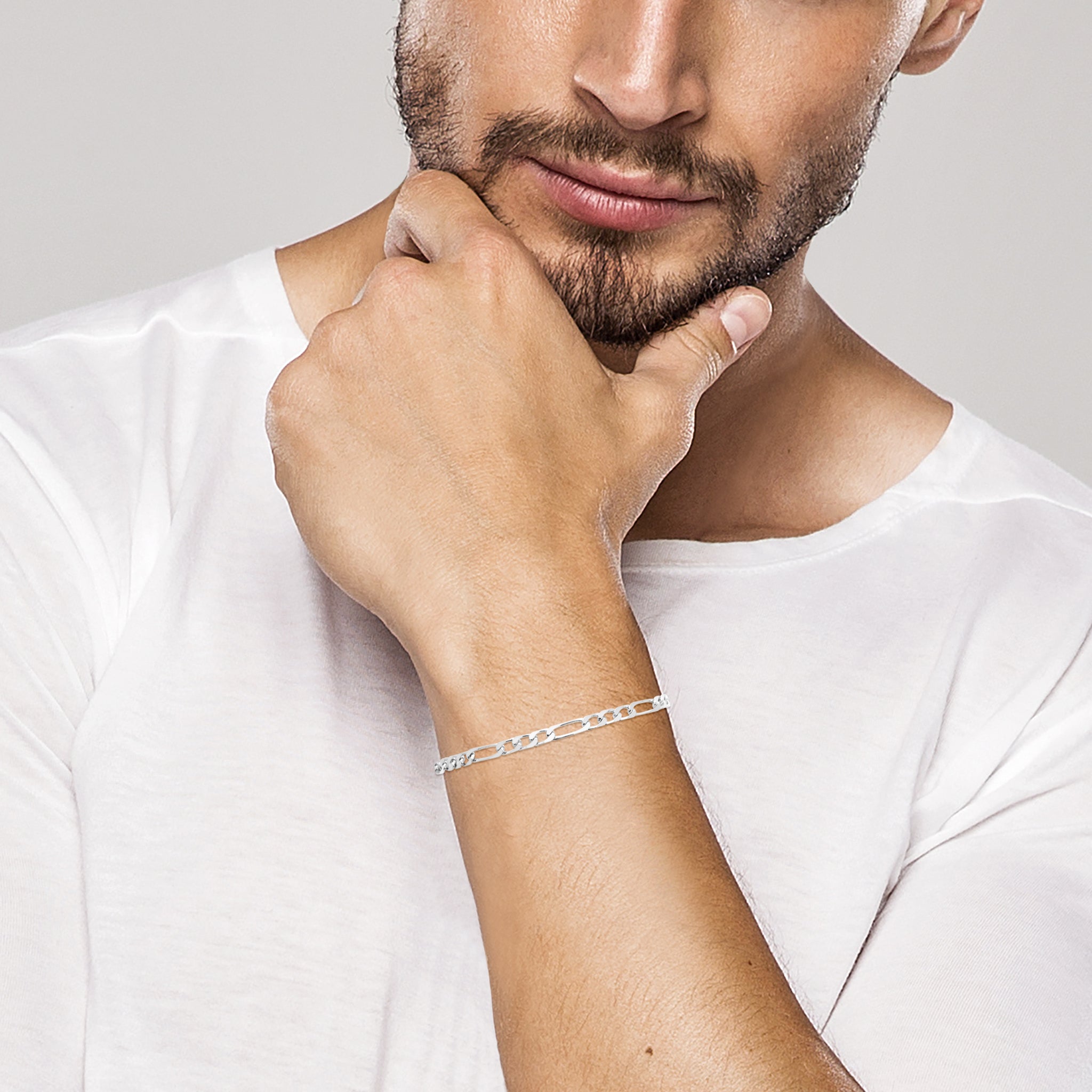 Bracelet en argent rhodié maille figaro 1+3 de largeur 4 mm et de longueur 21 cm