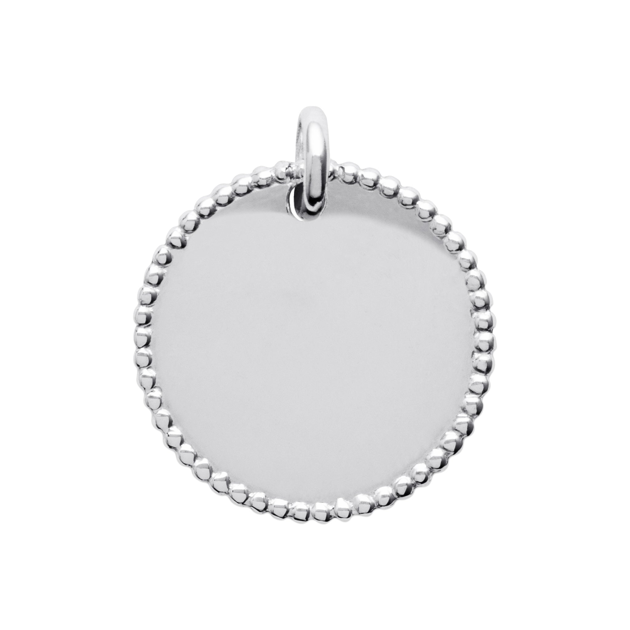 Pendentif en argent rhodié médaille à graver tour perlé, diamètre 20 mm