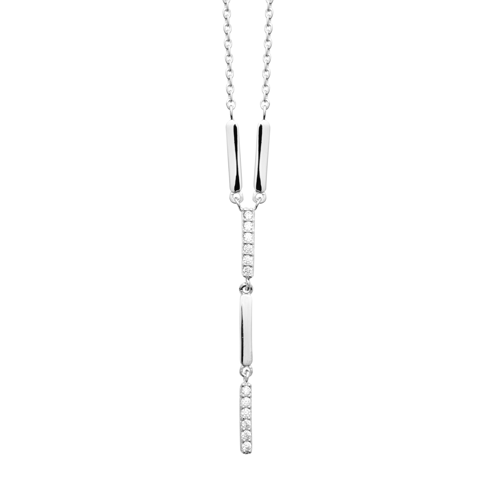 Collier en argent rhodié de forme Y avec barres serties d'OZ