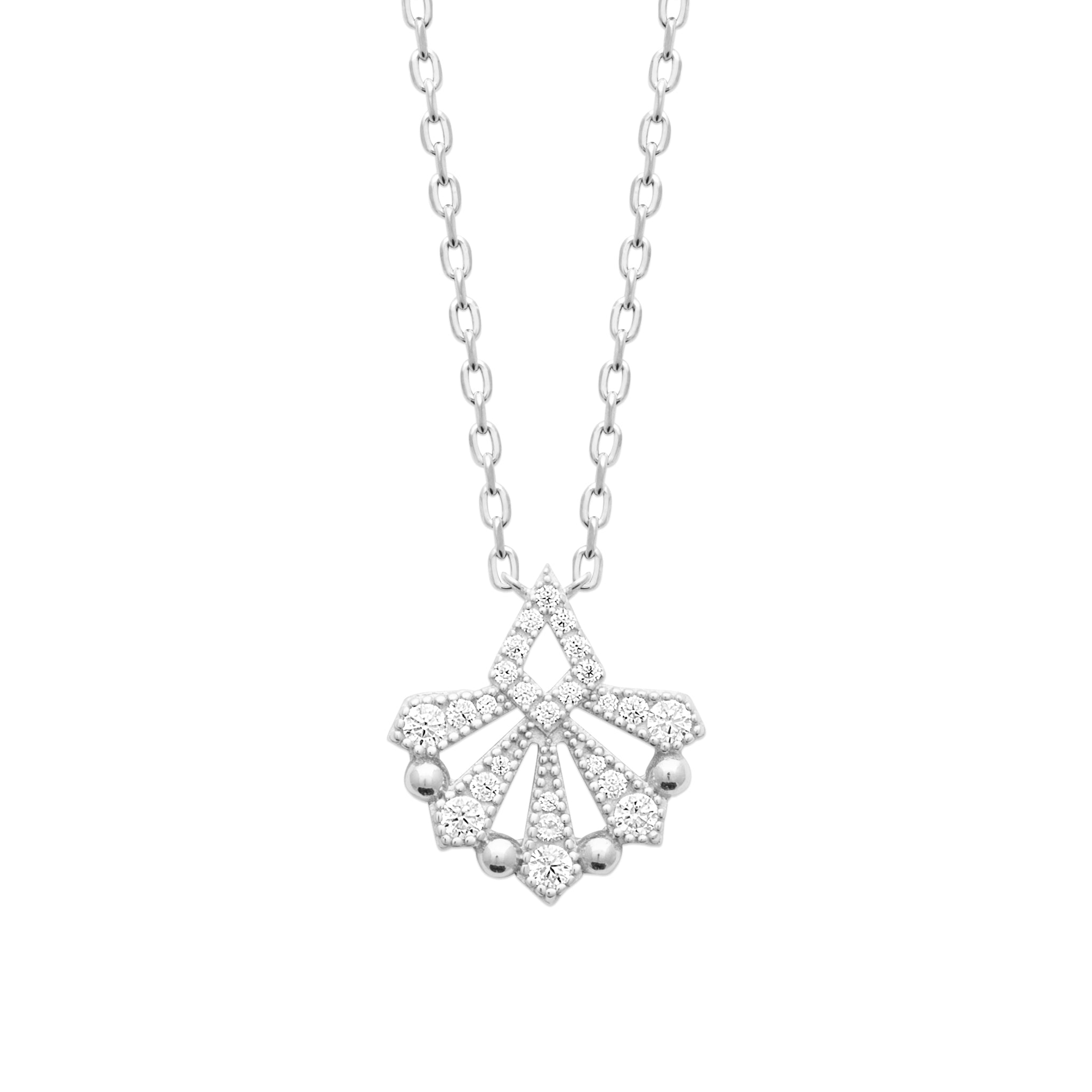 Collier en Argent Rhodié Pendentif Pavé d'OZ Forme Éventail
