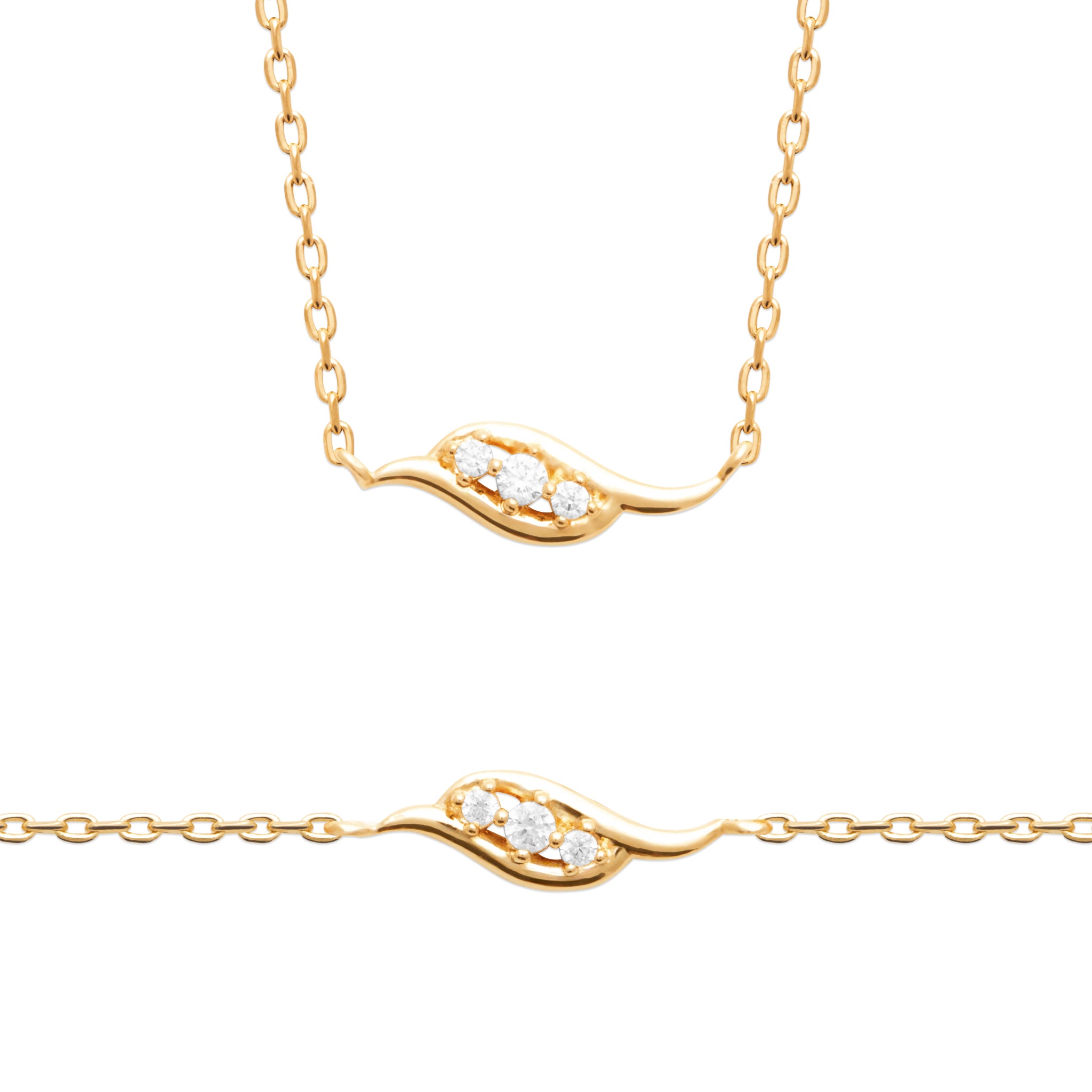 Collier en plaqué or jaune avec trilogie d'oxydes blancs en forme de vagues