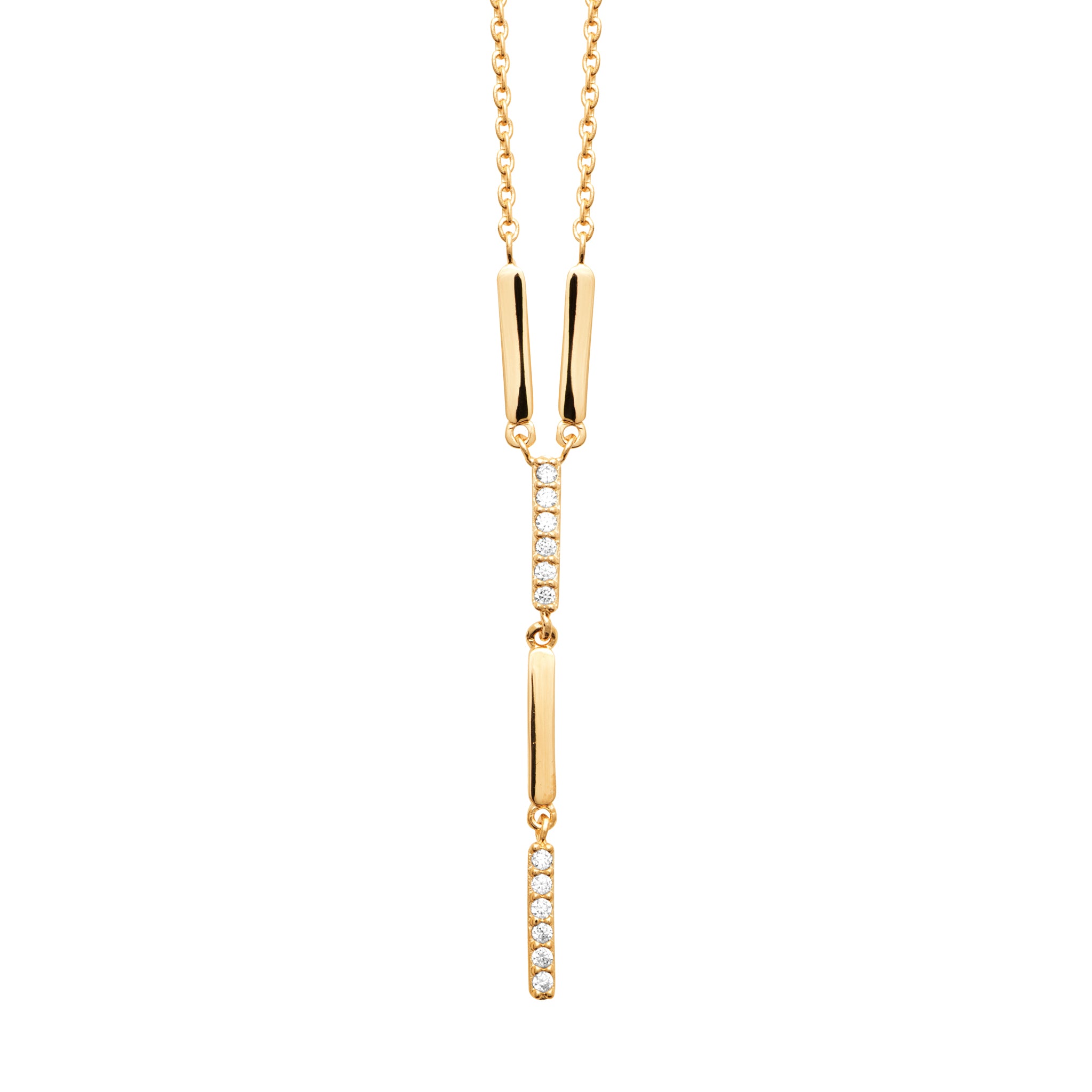 Collier en plaqué or jaune forme cravate avec barres serties d'OZ