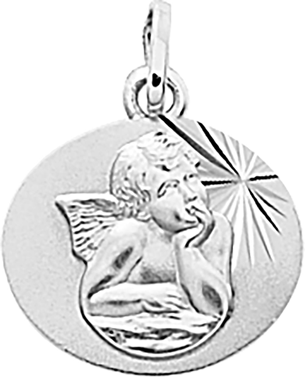 Médaille En Or Blanc 375 Ange Pensif Lapidée Pour Femme