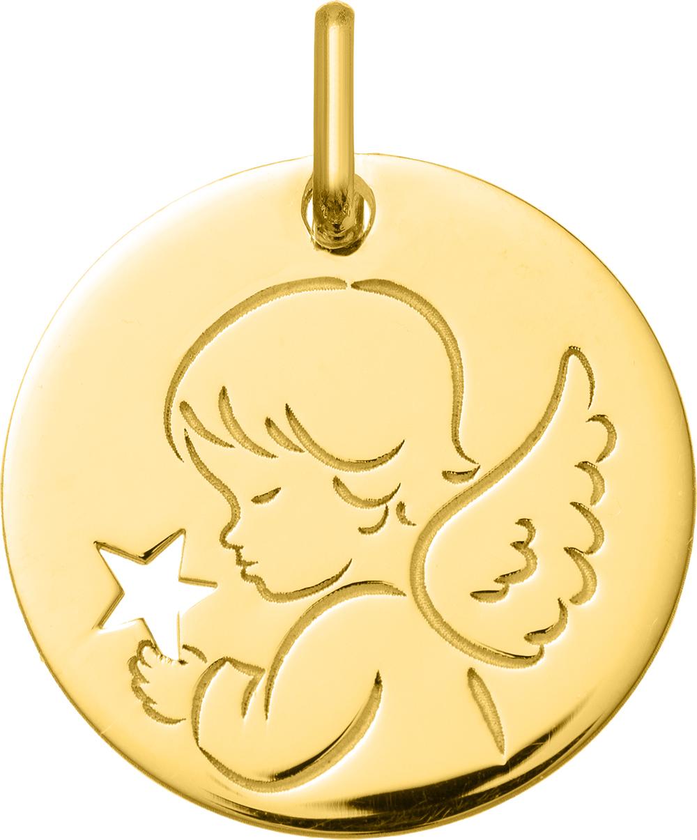 Médaille or jaune 375/1000 ange gravé avec étoile découpée