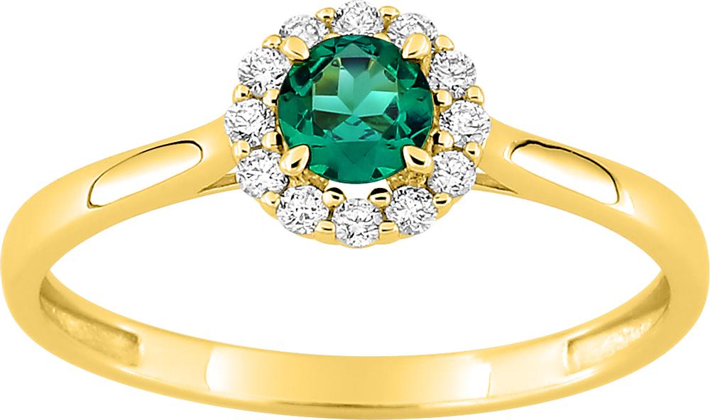 Bague solitaire en or jaune 35/1000 avec émeraude synthétique et diamant synthétique F-VS 0.13 carat