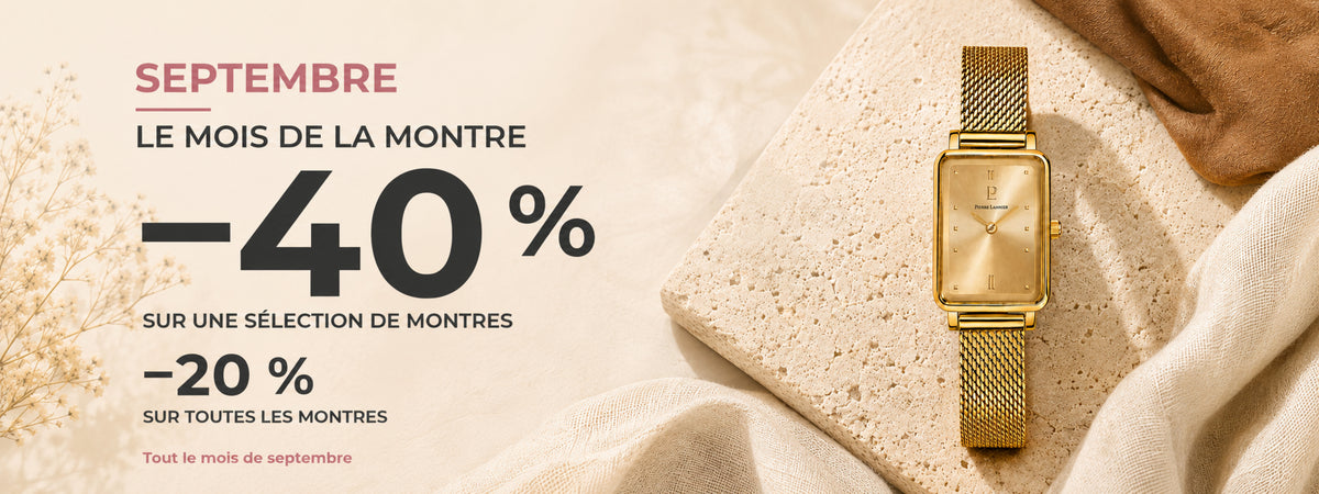 Septembre, le Mois de la Montre : −40 % sur une sélection de montres et −20 % sur toutes les montres. Montre Ariane dorée, pierre beige et lin ivoire.