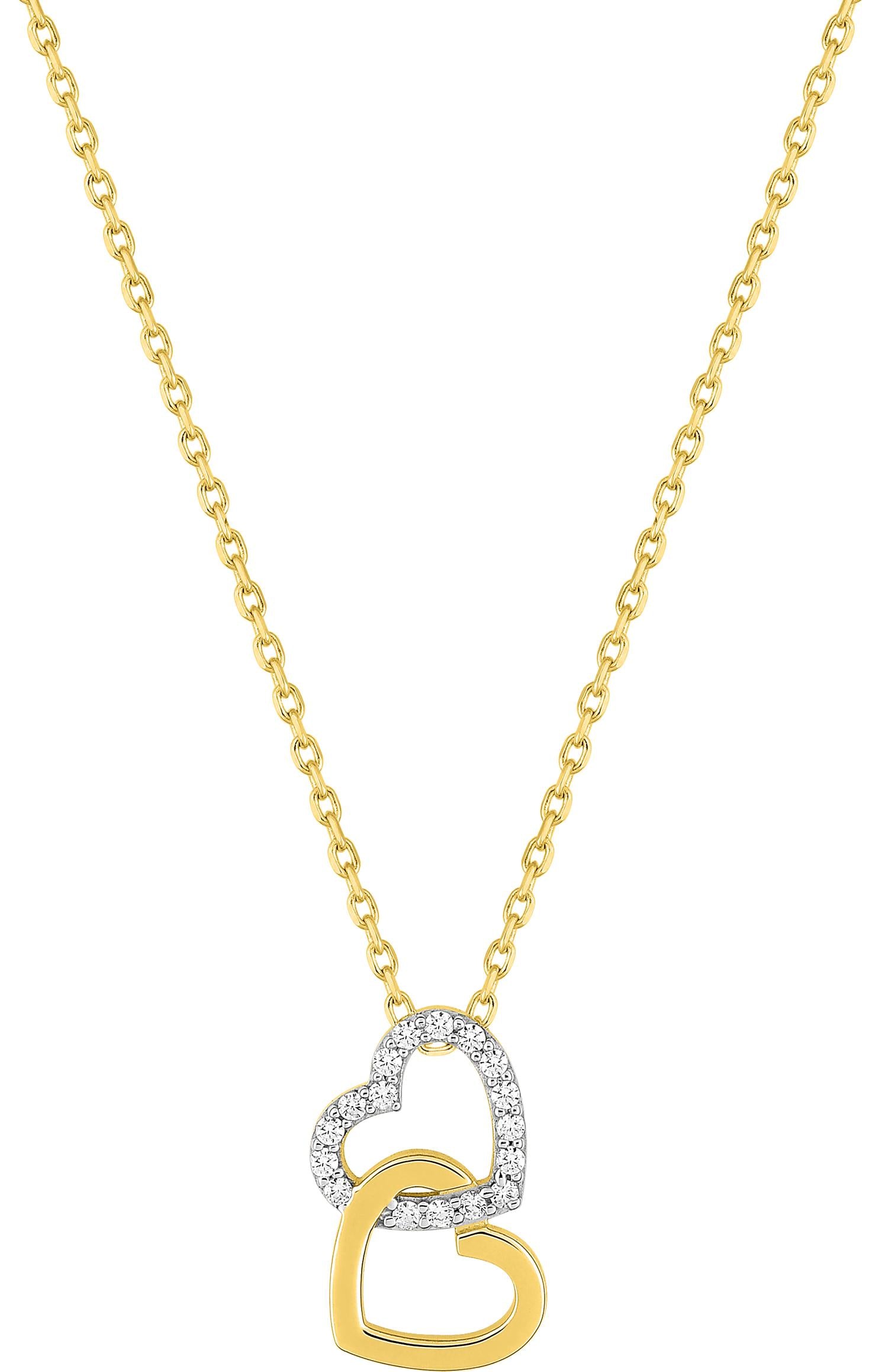 Collier en plaqué or 2 coeurs entrelacés dont un serti d'oxydes blancs