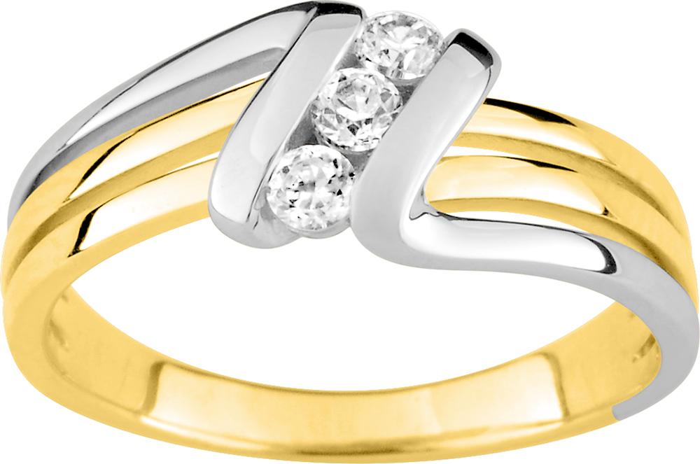 Bague large en plaqué or jaune et rhodium avec 3 oxydes de zirconium en diagonale