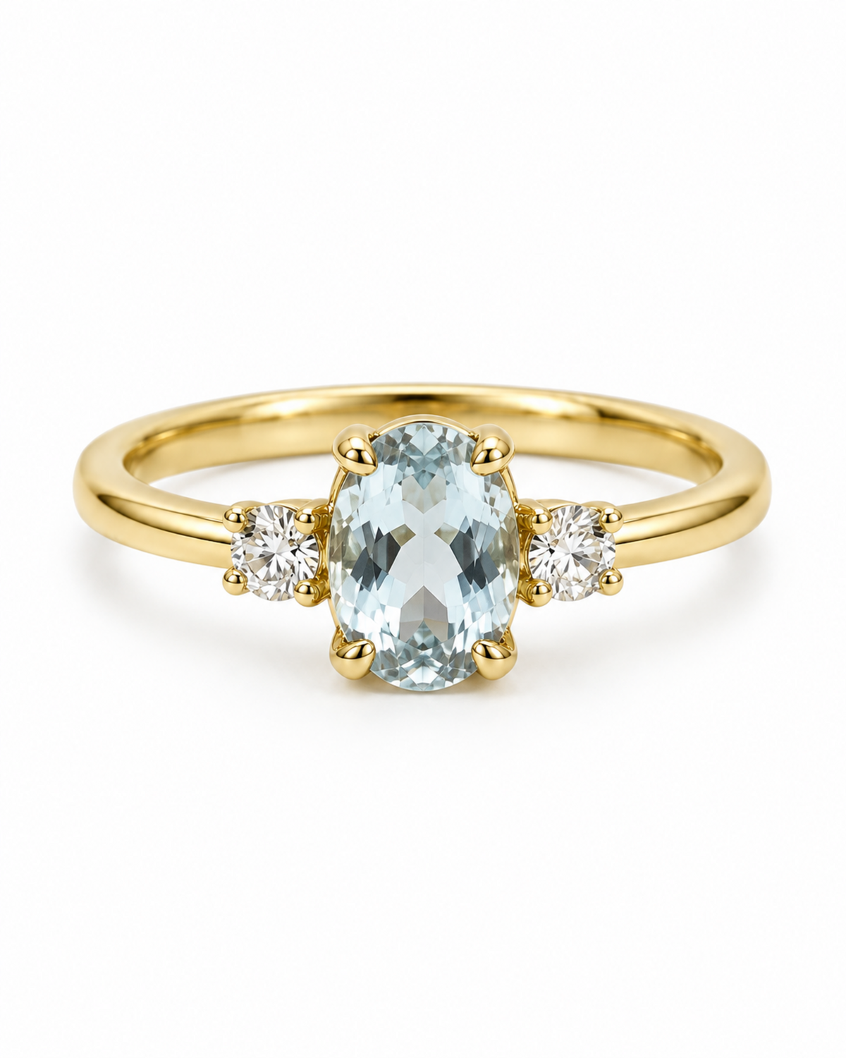 Bague Vigoureux en or jaune avec aigue-marine ovale et diamants, vue de face