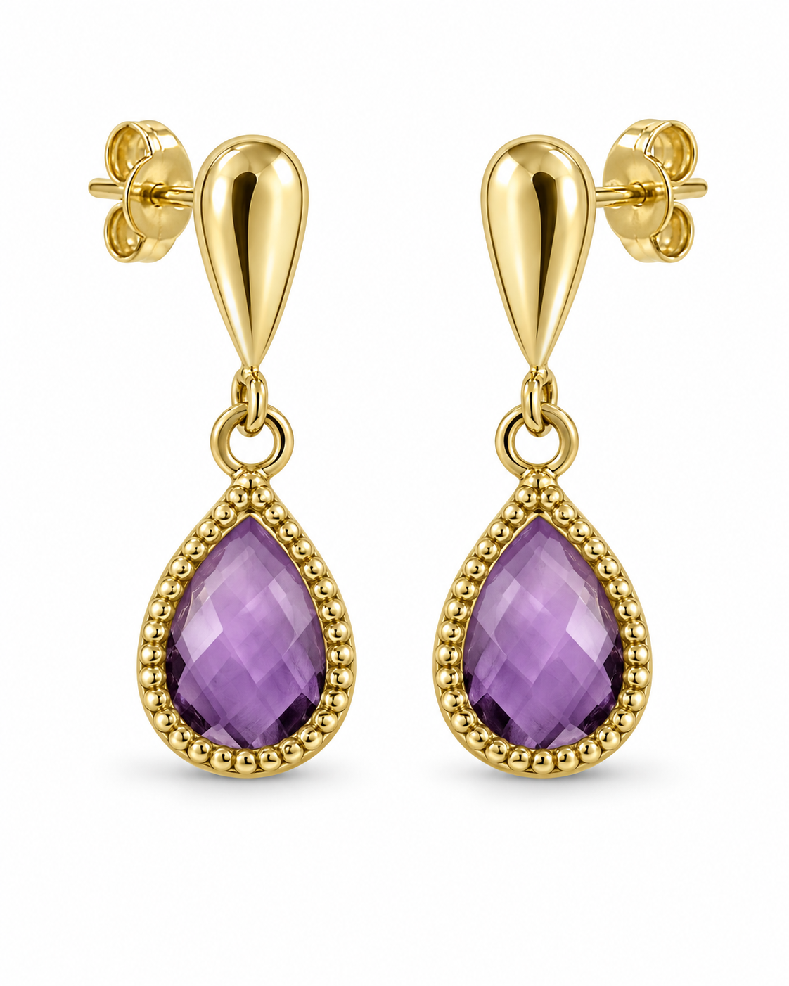 Boucles d’oreilles pendantes améthyste en or jaune 9 carats sur fond blanc