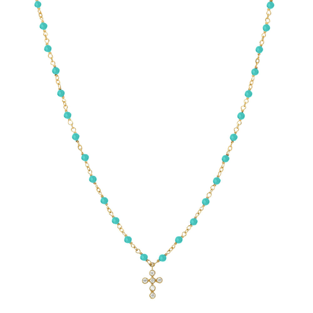 Collier Croix Argent Doré Petite Croix Zirconium Blanc et Amazonite ORUS Bijoux