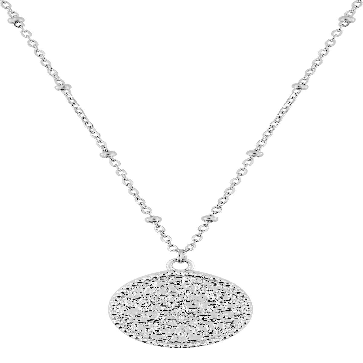 Collier Pendentif Rond Texturé Sur Chaîne À Boules 45 Cm Gravé Lustré Acier Inoxydable