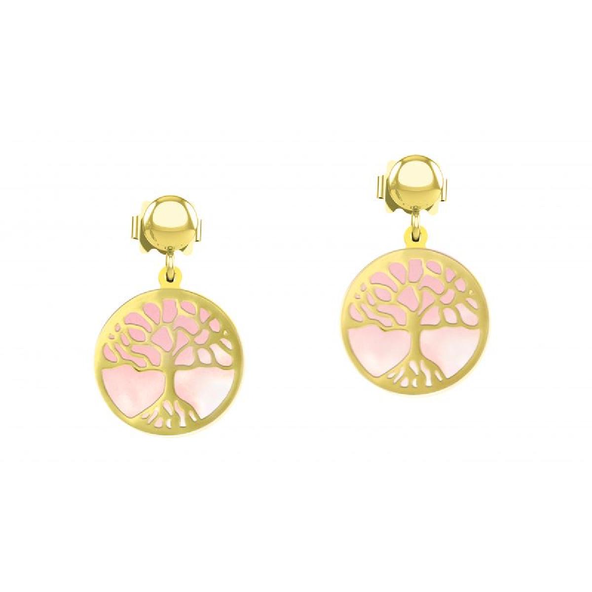 Boucles d'oreilles Arbre de Vie Ajouré Gravé et Nacre Rose – Acier Inoxydable Doré