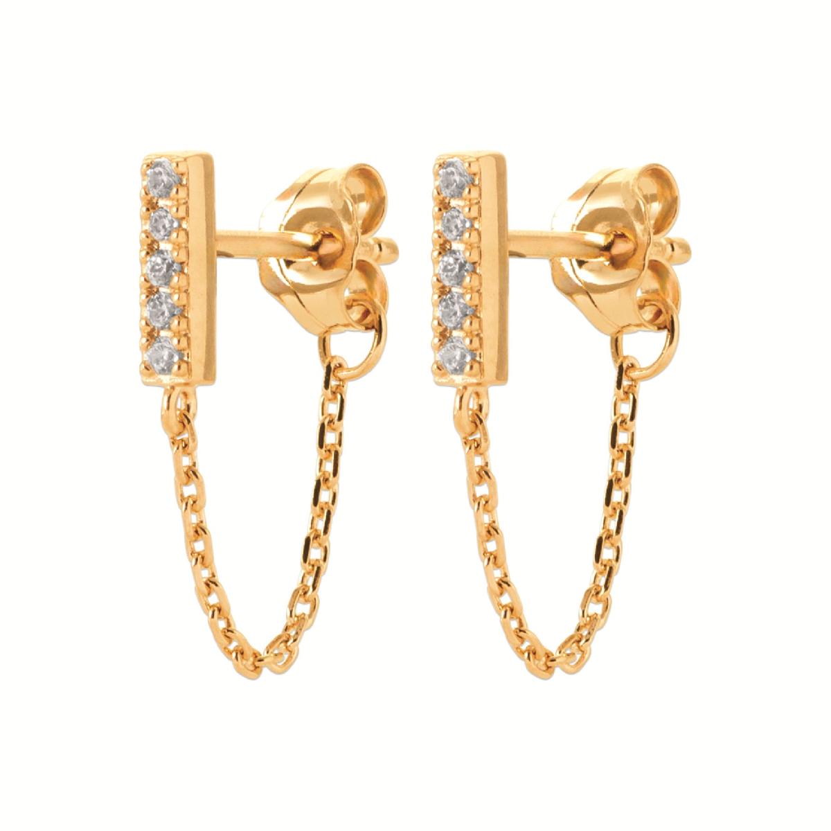 Boucles d'oreilles en plaqué or jaune barre pavées d'OZ et chainettes devant/derrière