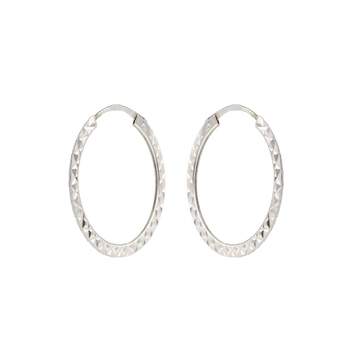 Boucles d'oreilles AU375 – Or Gris 375/1000, Créoles 15 mm Diamètre, Fil 1 mm, Finition Ciselée
