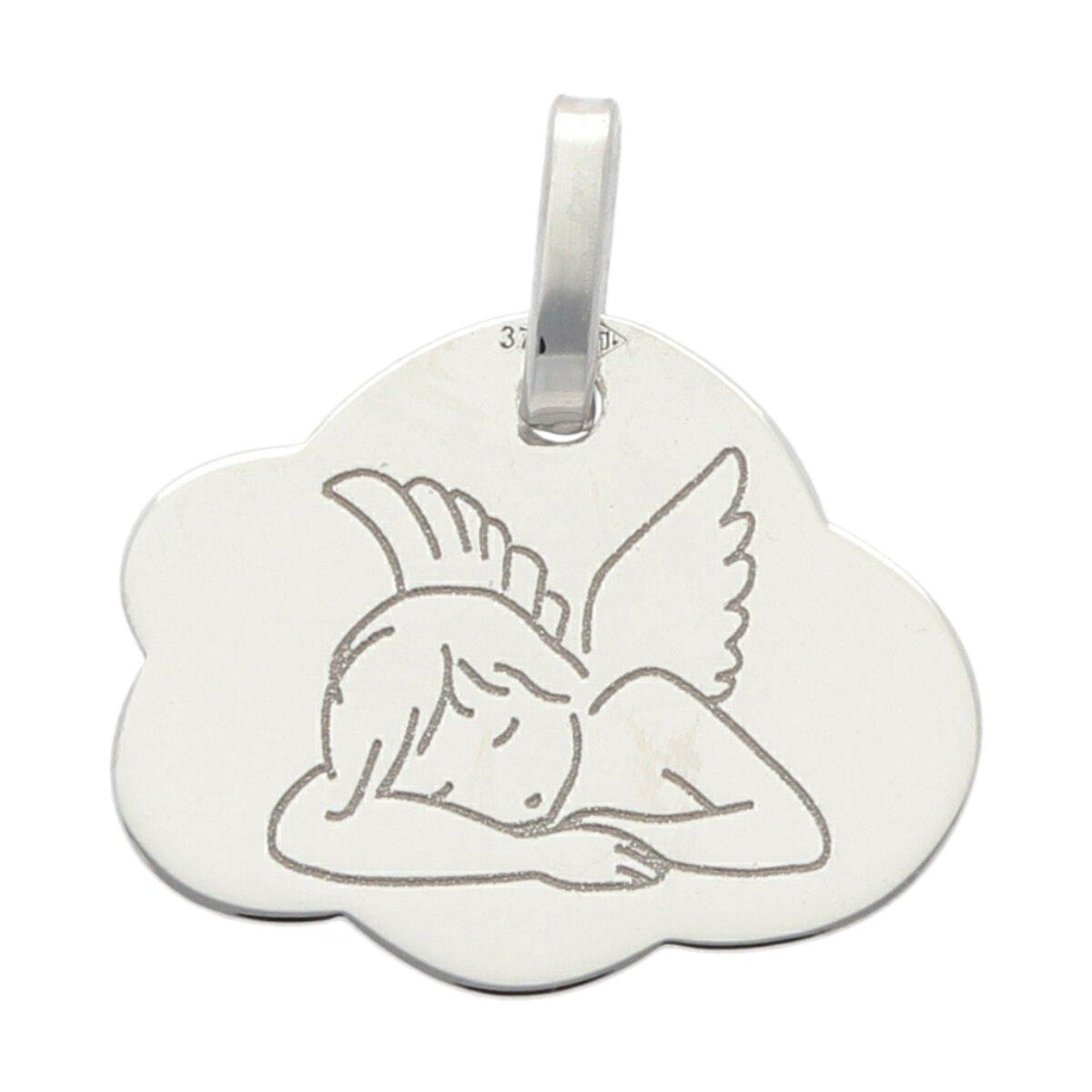 Pendentifs Ange Assoupi Sur Nuage Gravable Au Verso Pour Naissance AU375 – Or Blanc 9 Carats