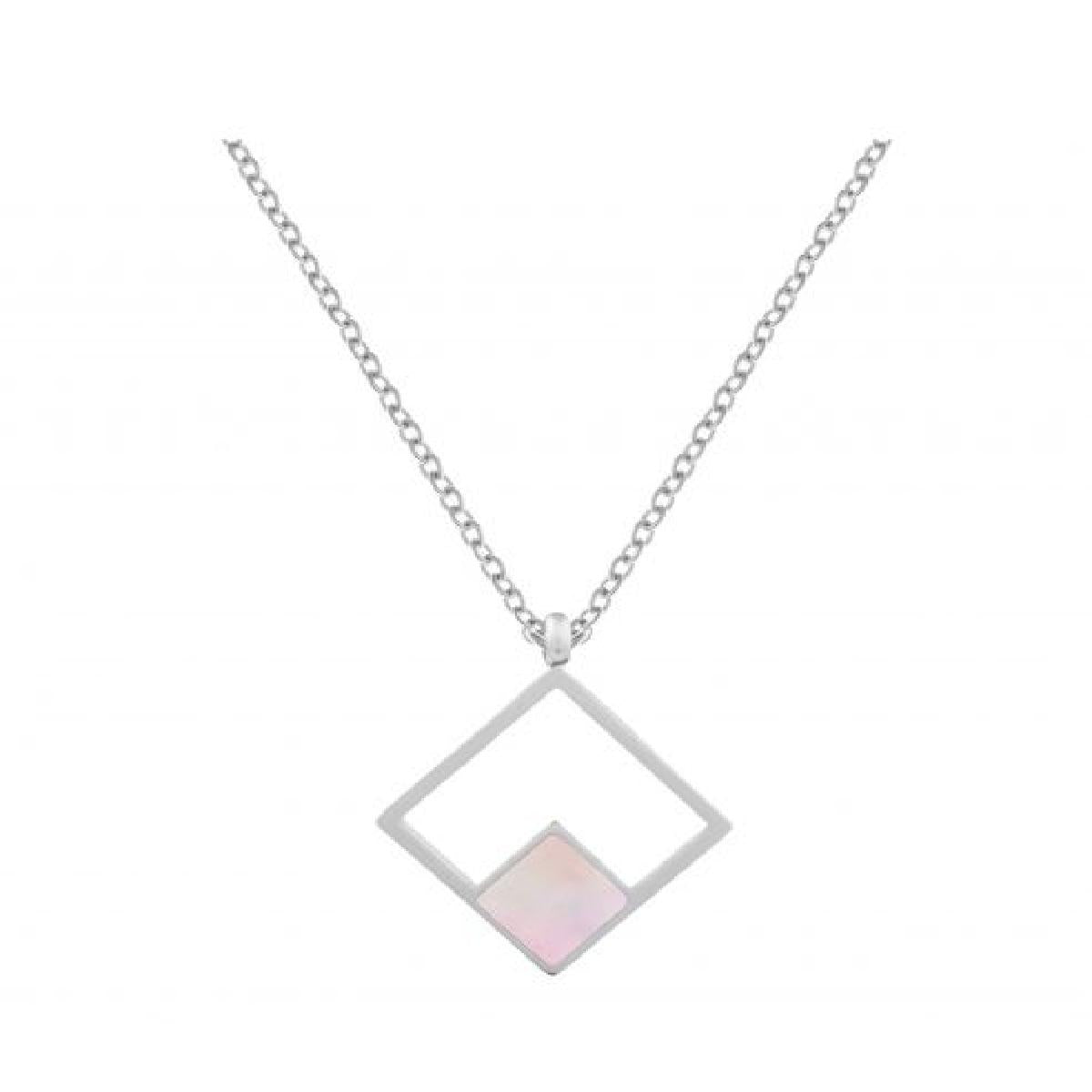 Collier Losange Ajouré Orné de Nacre Rose et Chaîne Maille Forçat Ajustable 45 cm – Acier Inoxydable